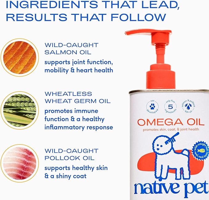Native Pet Omega 3 Fish Oil for Dogs & Cats - Promotes Healthy Skin, Shiny Coat, & Strong Joints - Made with Wild Alaskan Salmon Oil for Dogs – Tasty, Fast-Absorbing Omega 3 6 9 Liquid Supplement- 8oz