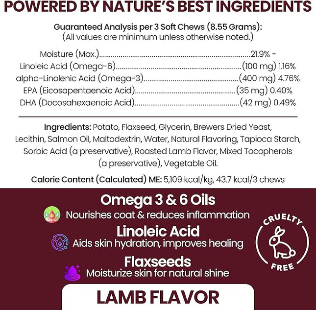 Salmon Oil for Dogs - Soft Chew Omega Treats for Skin and Coat - Fish Oil Blend of Essential Fatty Acids, Omega 3 and 6, Vitamins, Antioxidants and Minerals - Made in USA (180 Chews, Lamb)