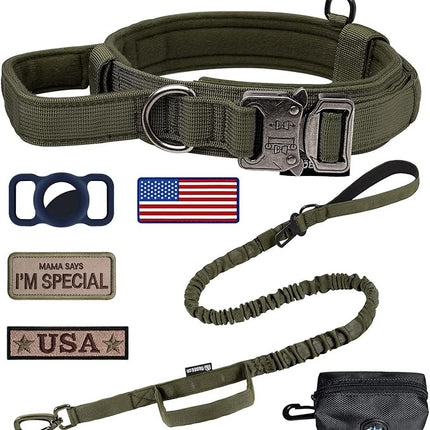 Dog Collar and Leash Set:-Adjustable Nylon Dog Collar with Handle Shock Absorbing Retractable Strong Dog Leash for Medium and Large Dogs with Airtags Holder Patches