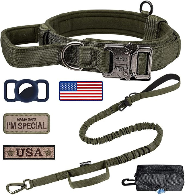 Dog Collar and Leash Set:-Adjustable Nylon Dog Collar with Handle Shock Absorbing Retractable Strong Dog Leash for Medium and Large Dogs with Airtags Holder Patches