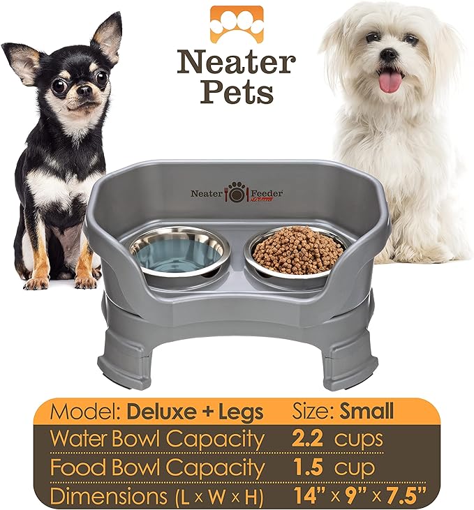 Neater Feeder Deluxe Mess Proof Dog Bowls Elevated for Small Breeds – Made in USA – No Spill Raised Dog Food Bowl Stand w/Leg Extensions – Stainless Steel Dog Food and Water Bowl Set – Grey