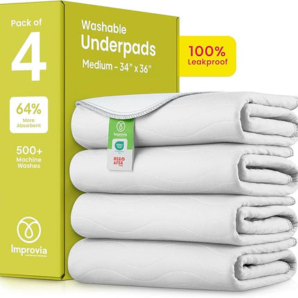 IMPROVIA® Washable Underpads, Heavy Absorbency Reusable Incontinence Pads for Kids, Adults, Elderly, and Pets - Waterproof Protection Floor White & White (4 Pack - 34x36)