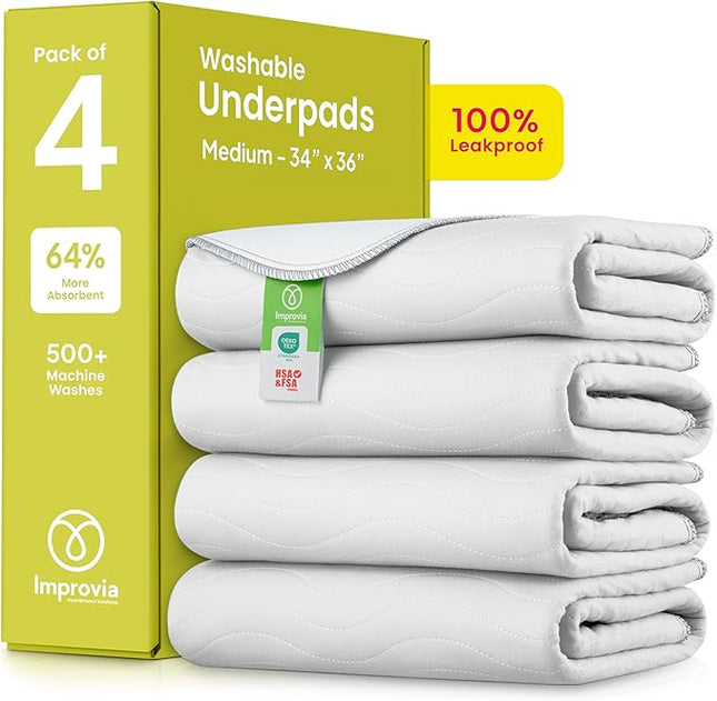 IMPROVIA® Washable Underpads, Heavy Absorbency Reusable Incontinence Pads for Kids, Adults, Elderly, and Pets - Waterproof Protection Floor White & White (4 Pack - 34x36)