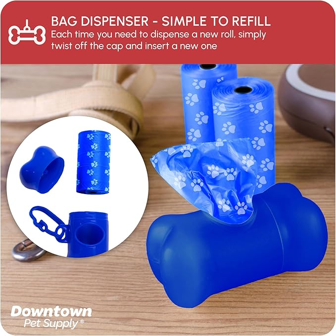 Downtown Pet Supply Poop Bags for Dogs with Dispenser, 2200 Count - Leak-Proof Dog Waste Bags and Bone-Shaped Dog Poop Bags Holder for Leash - Rainbow with Paw Prints of Colors, 12.5" x 8.5"