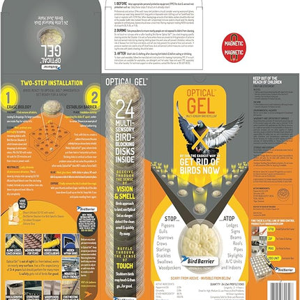Bird Barrier Optical Gel 24 Pack | Natural Multisensory Bird Deterrent | Easy Installation | Discreet Appearance | Long-Lasting Solution | Repels Birds on Roofs, Beams Signs, Soffits, Ledges, and More