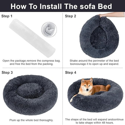 Dog Calming Beds for Small Medium Large Dogs - Round Donut Washable Puppy Dog Bed, Anti-Slip Faux Fur Fluffy Donut Cuddle Anxiety Cat Pet Bed(16" Dark Grey)