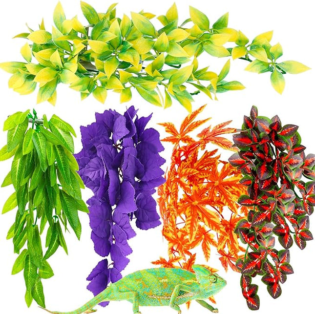 5Pieces Artificial Reptile Plants Lifelike Reptiles Terrarium Leaves Plastic Reptile Habitats Plant Amphibian Hanging Terrarium Plants Decorations with SuctionCups for Hermit Crab Lizards Geckos Snake