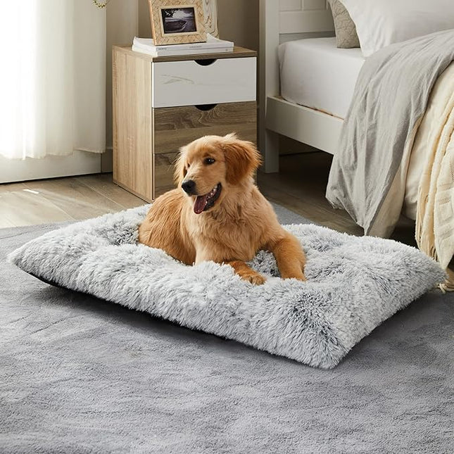 BFPETHOME Dog Beds for Large Dogs, Plush Dog Crate Bed Fluffy Cozy Kennel Pad for Sleeping &Ease Anxiety, Washable Pet Mats with Anti-Slip Bottom for Large Dogs, Grey
