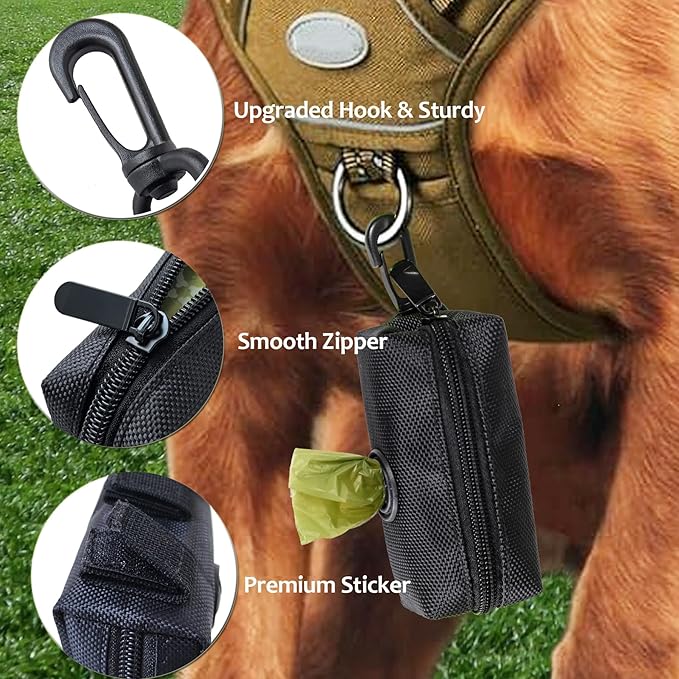 (2 Pack) Dog Poop Bag Holder, Poop Bag Holders for Leashes, CAKOVANO Doggie Waste Bag Dispenser Small Doggy Poop Bag Zipper Pouch with Carabiner Clip with 4 Rolls of Pet Trash Bags, Black