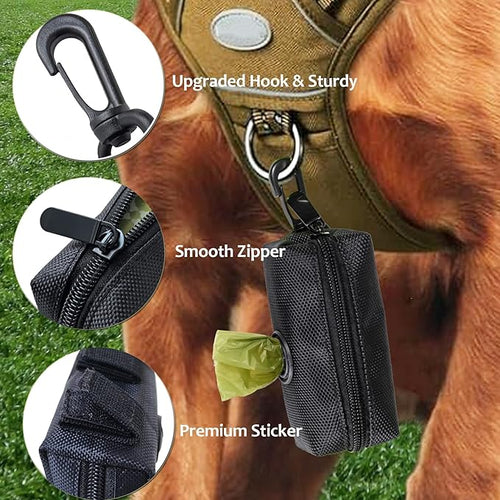 (2 Pack) Dog Poop Bag Holder, Poop Bag Holders for Leashes, CAKOVANO Doggie Waste Bag Dispenser Small Doggy Poop Bag Zipper Pouch with Carabiner Clip with 4 Rolls of Pet Trash Bags, Black