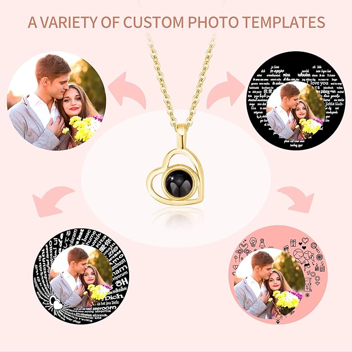 Easycosy Personalized Picture Necklace Projection Necklace with Photo Inside - Custom Photo Heart Pendant Necklace - Photo Gifts Valentines Birthday Love Memorial Gifts for Girlfriend Wife Women