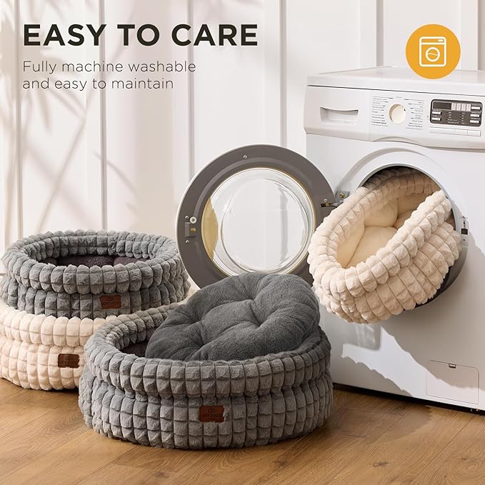 Joydeco Beige Cat Bed Kitten Bed, Washable Round Cat Beds for Indoor Cats, Ultra Soft Plush Pet Bed for Puppy and Kitten with Anti-Slip, Medium