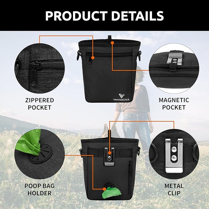 Dog Treat Pouch with Magnetic Closure Treat Bag for Dog Training Dog Food Bag Dog Walking Bag Dog Fanny Pack with Dog Poop Bag Dispenser Pet Treat Pouch with Shoulder Strap (Black)