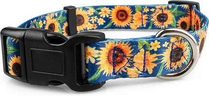 Limeloot Sunflower Dog Collar for Female Dogs - Cute Adjustable Girl Dog Collar for Small Medium Large Dogs, Blue and Yellow Large