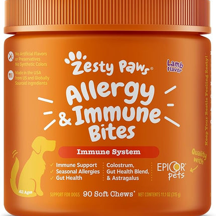 Zesty Paws Dog Allergy Relief Chews, Dog Probiotics for Itchy Skin and Ears, Lamb, 90ct
