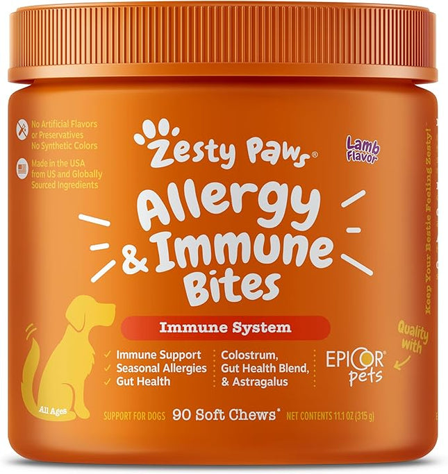 Zesty Paws Dog Allergy Relief Chews, Dog Probiotics for Itchy Skin and Ears, Lamb, 90ct