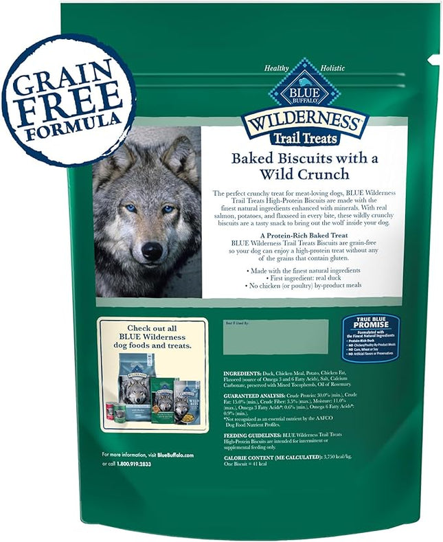 Blue Buffalo Wilderness Trail Treats High Protein Grain Free Dog Biscuits Crunchy Dog Treats, Duck Recipe, 10-oz Bag