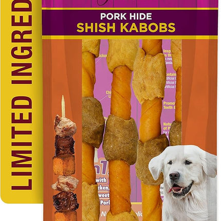 Cadet Gourmet Shish Kabob Dog Chews for Large Dogs, Rawhide Treats with Chicken and Sweet Potato, Healthy & Natural Pork Hide, 10-Inch Sticks, 4 Count