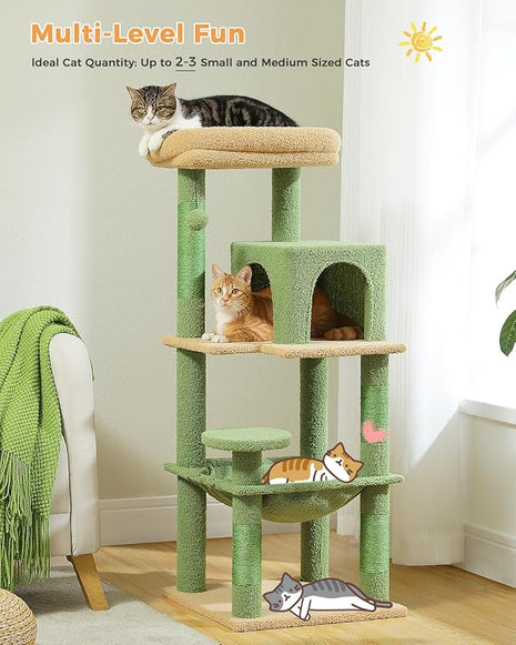 Cactus Cat Tree for Indoor Cats, 45.7" Multi-Level Cat Tower with Large Metal Frame Hammock, Cat Condo with 4 Scratching Posts and Top Perch, Green