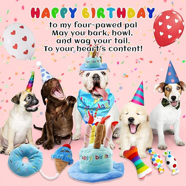 Dog Birthday Toy Set, 9Pcs Plush Pet Toy for Small Dogs, Includes Squeaky Cake Hat, Bandana, Dessert Themed Toys, Balloons, for Dog Birthday Party