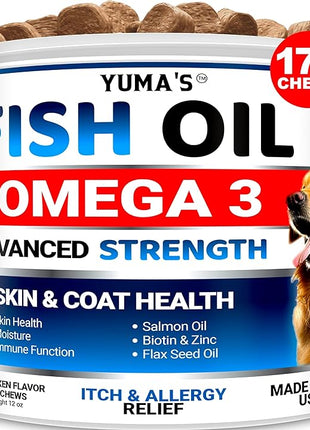 Omega 3 Fish Oil for Dogs - 170 Chews - Skin and Coat Supplement - Omega 3 for Dogs - Dry & Itchy Skin Relief Treatment - Allergy Support Dog Anti Shedding Treats - Salmon - EPA & DHA - Chicken Flavor