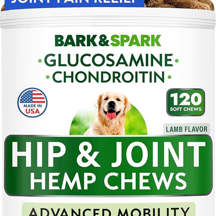 Hip & Joint Support for Dogs - Hemp Chews for Dog Joint Pain Relief with Glucosamine & Chondroitin - Joint Supplement for Large & Small Breeds - Senior Dog Mobility Treats - 120ct, Lamb Flavor