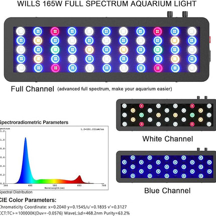 WILLS Full Spectrum Aquarium Light, Reef Lights for Coral with Dual Dimmable Channels, 55 Premium SMD Chips, Daisy Chain Design, Hanging Saltwater Fish Tank Light for SPS/LPS Coral Reef (165W/Black)