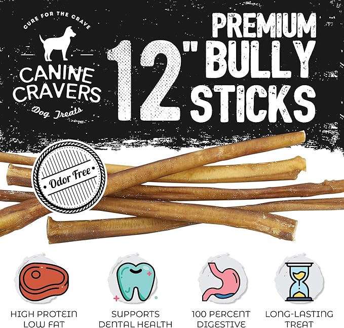 Canine Cravers Maplewood Smoked Bully Sticks 12” Inch - 100% Natural Free Range Grass Fed Beef - Made in Canada Odor-Reduced Long Lasting, Rawhide Free Dog Chews High Protein Low Fat Dental Care
