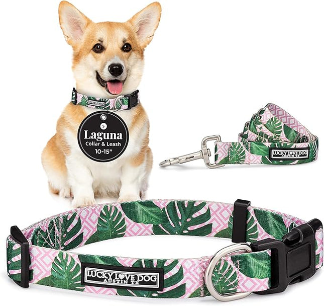 Lucky Love Dog, Tropical Matching Dog Collar & Leash Set, Soft & Comfy, Vivid Pink Color Collar and Leash for Female Male Dogs - (Small, Laguna Combo)