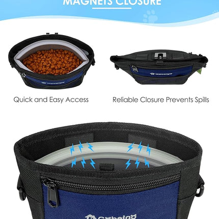 Gobeigo Dog Treat Pouch with Silicone Snack Bag, Front Pocket fits All Phones, 4 Cup Treat Bag with Training Clicker, Upgrade Stronger Magnetic Closure, 3 Ways to Wear Walking Fanny Pack (Navy Blue)