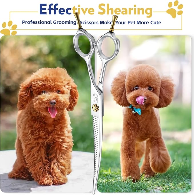 JASON 7" Dog Grooming Scissors - Up-curved Thinning Shears with 25%-30% Thinning Rate, Japanese 440C Stainless Steel Dog Blenders for Grooming with Adjustable Screw (32 Teeth, Silver)