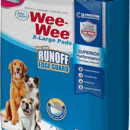 Four Paws Wee-Wee Superior Performance Pee Pads for Dogs with Runoff Barrier Edge Guard Protection, Puppy & Dog Potty Training Pads, Housebreaking Supplies, 28" x 34" (6 Count)
