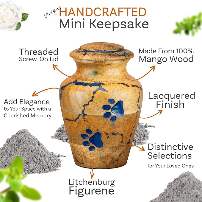 INTAJ Wooden Pet Urns for Dogs/Cats Ashes - Blue Resin Paws & Lichtenburg Design - Keepsake Cremation Urn Box, Pet Memorial Wooden Urns for Ashes, Small to Large Sizes (Classic, Small)