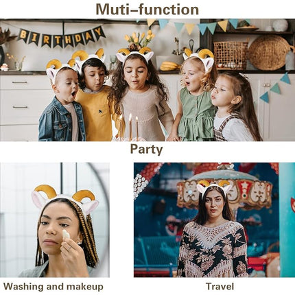 Beviliu Goat Ears Headband with Ram Horns, Animals Ears and Horns Headband, Sheep Ears Custome Lamb Ears Headwear for Halloween Christmas Birthday Party Theme Cosplay, 4Pack
