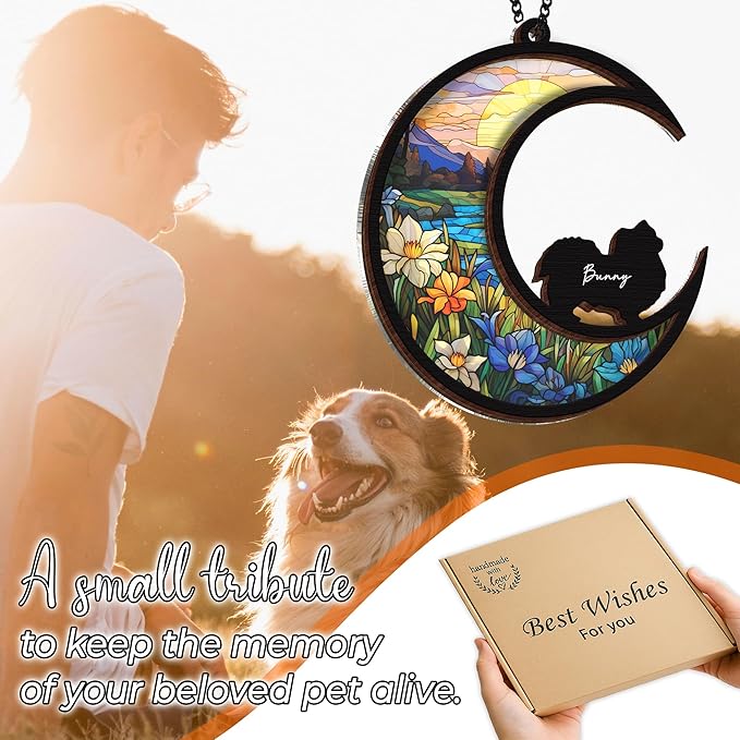 6'' Chihuahua Long Hair Dog Memorial Suncatcher Custom Name Dog Breed Pet Ornament Window Car Hanging Sympathy Gift for Loss of Pet Passed Away Remembrance Gift for Dog Lovers SCD-B11-6-24