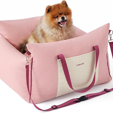 Lesure Small Dog Car Seat for Small Dogs -Soft Dog Booster Seat for Car with Storage Pocket and Clip-On Safety Leash and Thickened Memory Foam Filling, Pet Travel Carrier Bed Strawberry Cream