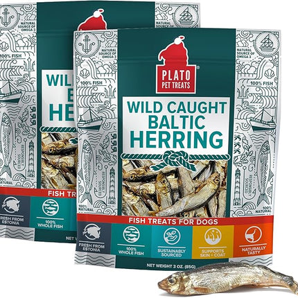 Plato Pet Treats Fish Dog Treats - Air-Dried, Single Ingredient Pet Treat - Omega 3 & 6 Fatty Acids to Support Skin and Coat - 100% Whole Fish - Wild Caught Baltic Herring - 3oz - 2 Pack