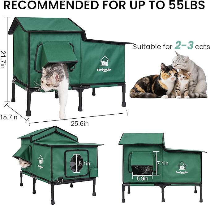Outdoor Cat House Weatherproof, Clawsable Cat Houses with Insulation Layer, Foldable Cats Shelter, Large Cave Bed for Pets Up to 55lbs for Garden, Patio, or Backyard (Green-L)