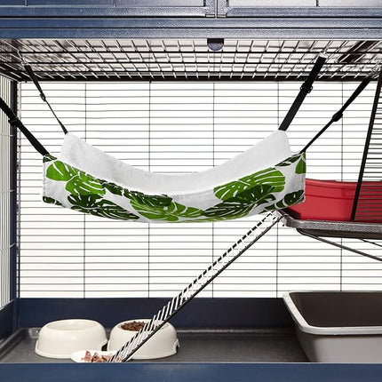 2 Pieces Reversible Cat Hanging Hammock Soft Breathable Pet Cage Hammock with Adjustable Straps and Metal Hooks Double Sided Hanging Bed for Small Dogs Rabbits(Monstera Leaf,L)