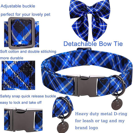 Dog Collar with Bow Tie, Cotton Dog Bowtie Collar for Puppy Girl Boy Dogs or Cat, Blue Bowtie Dogs Collars with Durable Metal Buckle, Holiday Plaid Puppy Collars,L