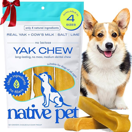 Native Pet Yak Cheese Himalayan Dog Chews - Long Lasting Dental Sticks for Medium Breeds – 100% All Natural Himalayan Yak Chews for Medium Dogs – Cheese Bone for Aggressive Chewers - 3 Per Pack