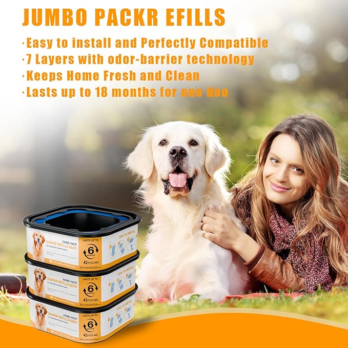 42FT Jumbo Square Refills Disposal Bags Refill Compatible with Pe.t Dogs Gen.ie Dog Waste Disposal System Pails, Up to 6 months of Supply,Ultimate Odor Control Dog Poop Bags, 3 Pack