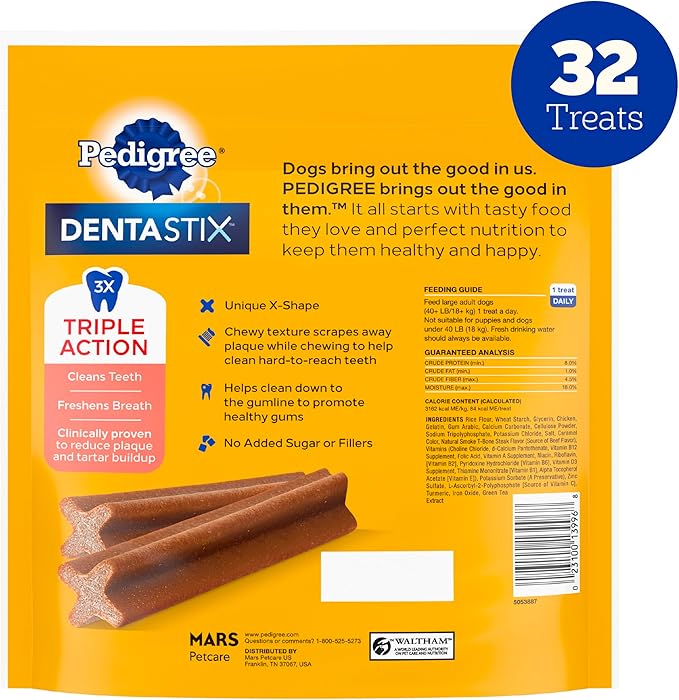 Pedigree Dentastix Large Breed Dog Treats, Beef Flavor, 1.67 lb. Bag (32 Treats)