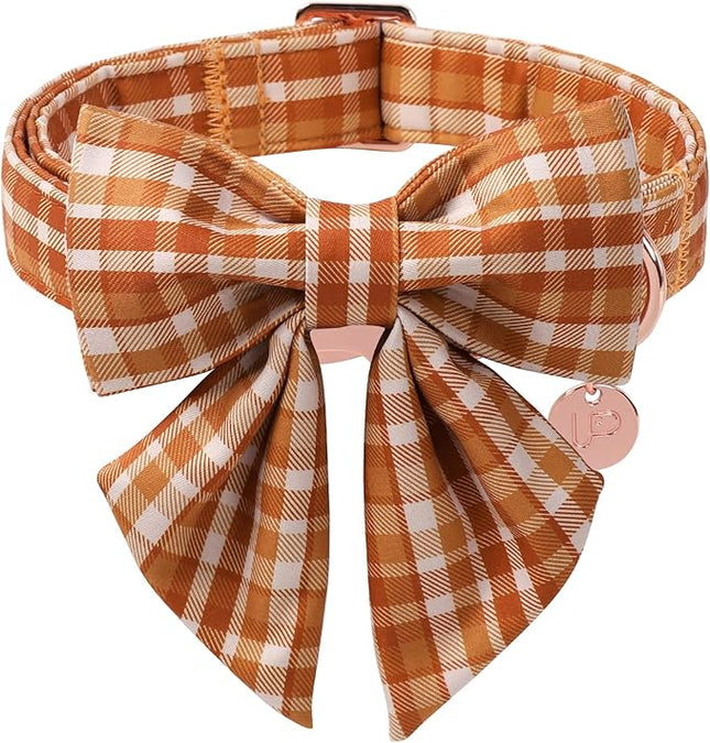 Fall Plaid Dog Collar and Bow Tie Set – Brown Orange Checkered Adjustable Collar with Maple Leaf Charm for Small Medium Large Dogs, Soft Cotton Puppy Collar with Quick Release Buckle