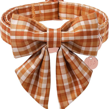Fall Plaid Dog Collar and Bow Tie Set – Brown Orange Checkered Adjustable Collar with Maple Leaf Charm for Small Medium Large Dogs, Soft Cotton Puppy Collar with Quick Release Buckle