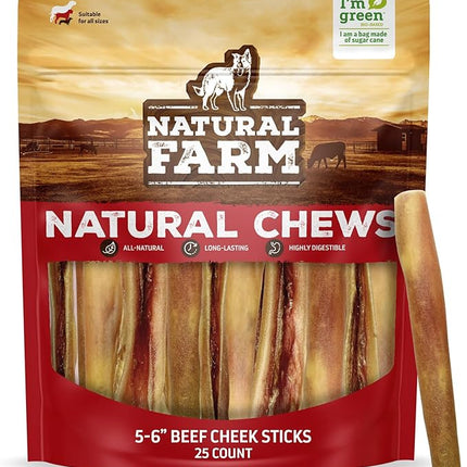 Natural Farm Bully Cheek Stick, 5-6-Inch (25-Pack)- Best Bully Stick Alternative, 100% Natural Beef Cheeks for Dogs- High Protein, Cleans Teeth Treats, Long Lasting Beef Chews for All Dog Sizes