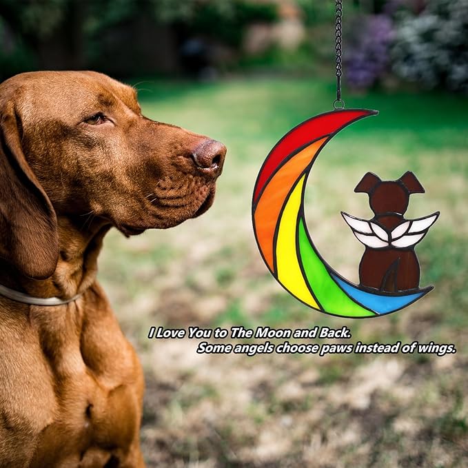 Stained Glass Rainbow Bridge Brown Dog Memorial Gifts for Loss of Dog Sympathy Remembrance Suncatcher, Thoughtful Pet Loss Bereavement Gifts in Memory of Pet Passing Away Window Hanging.