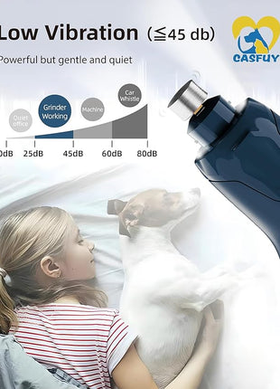 Casfuy Dog Nail Grinder Quiet - (45db) 6-Speed Pet Nail Grinder with 2 LED Lights for Large Medium Small Puppy Dogs/Cats, Professional 3 Ports Rechargeable Electric Dog Nail Trimmer with Dust Cap