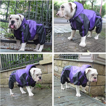 Lovelonglong American Bully Pitbull Dog Hooded Raincoat, Bulldog Rain Jacket Poncho Waterproof Clothes with Hood Breathable 4 Feet Four Legs Rain Coats for Pugs English French Bulldog Purple B-S