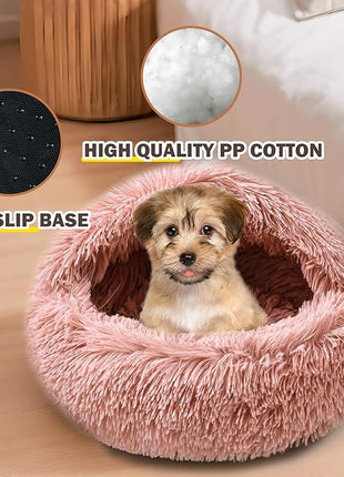Cat Bed for Indoor Cats, Calming Cozy Cave with Self-Warming Plush, Entire Bed Machine Washable & Anti-Slip Base, Breathable Pet Bed for Small Cats&Dogs All Seasons (Leather Pink, 24 * 24inch)